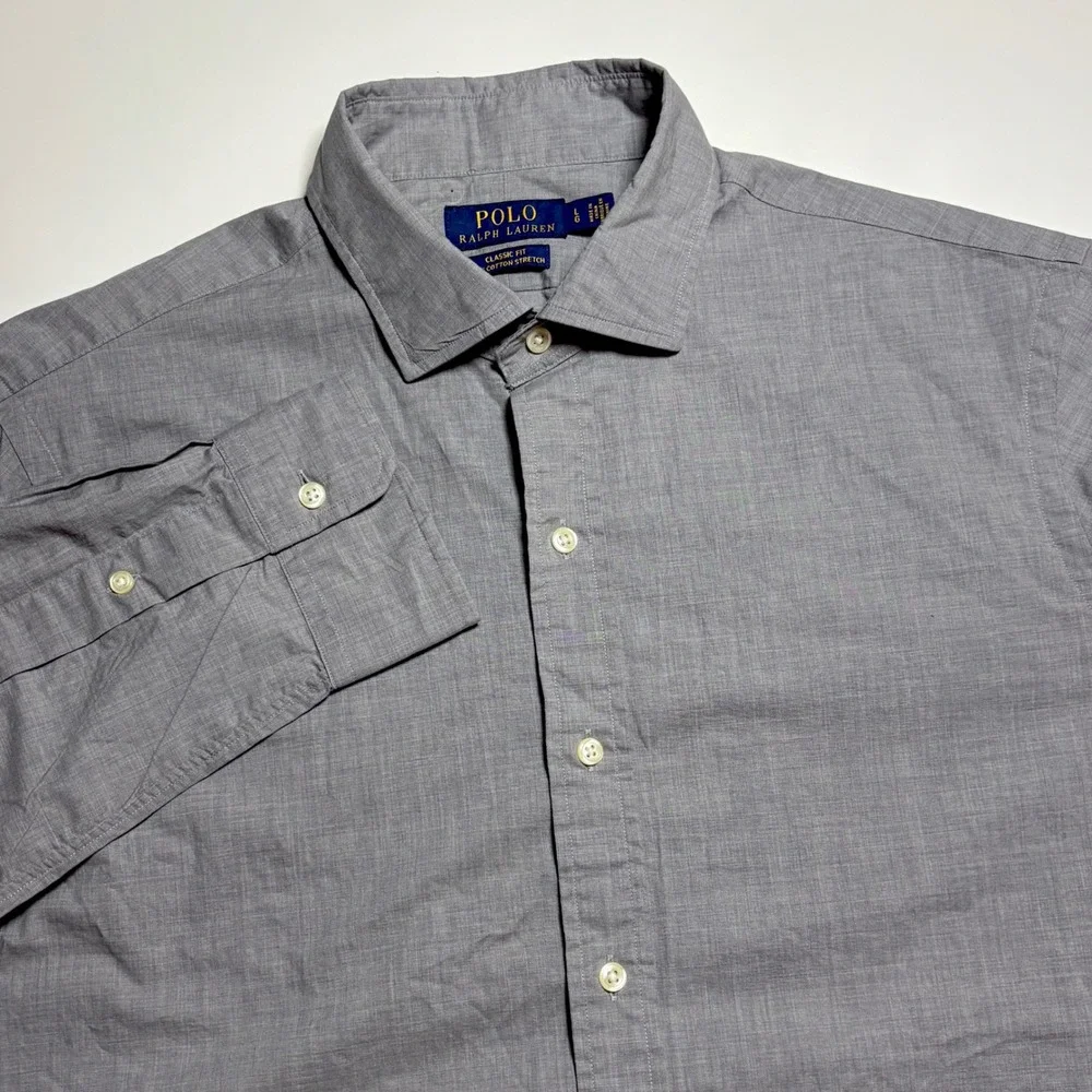 Polo‎ Ralph Lauren Gray Classic Fit Cotton Stretch Mens L Long Sleeve Button Up